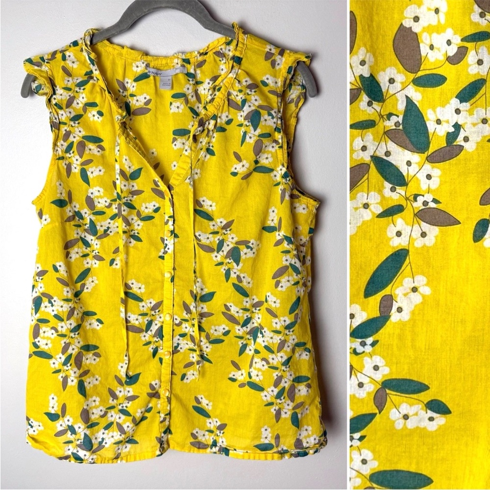 SOLD Old Navy Blouse Size Medium Top Tie Neck Sleeveless Ruffles Floral Cotton